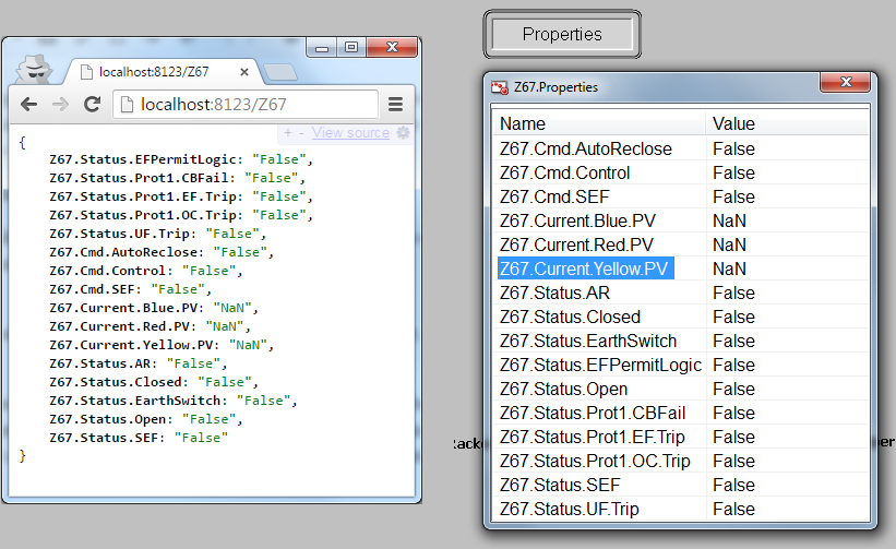 Left - using a web browser to access attributes, and an ArchestrA/InTouch popup on the right.