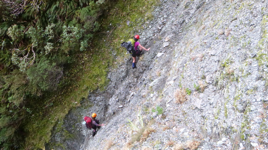 Ascending a debris chute above Rocky Creek